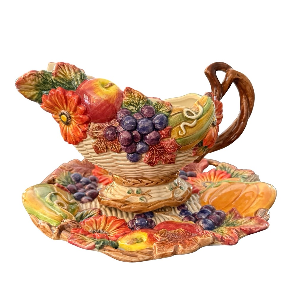 Fitz & Floyd Gravy Boat Plate Cornucopia Harvest Autumn Bounty Fall Thanksgiving